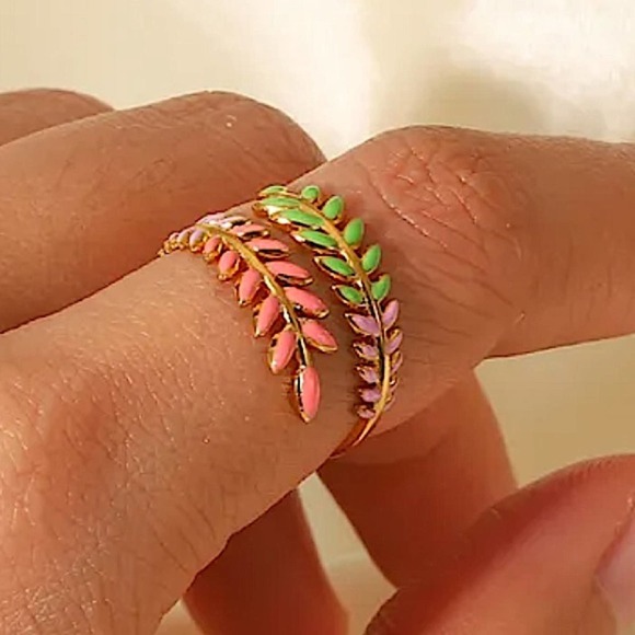 Gold Plated Leaf Design Multicolor Bangle Bracelet Ring Set - Picture 3 of 15